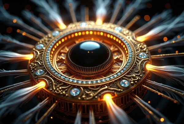 Intricate golden mandala with glowing feathers and gemstones.