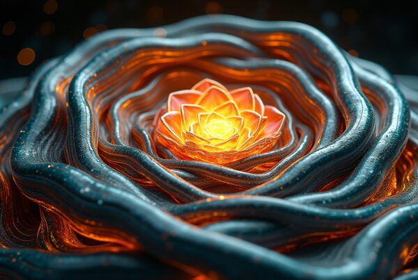 A luminous abstract flower design featuring a glowing orange center surrounded by metallic layers.