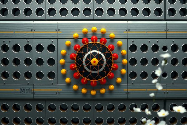 Futuristic wall installation with circular geometric patterns and colorful spheres, adorned with blurred white flowers, creating a dynamic industrial-artistic scene.