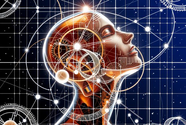 Futuristic digital artwork of a human head integrating technology and cosmic elements, with a serene expression, surrounded by interconnected geometric patterns.
