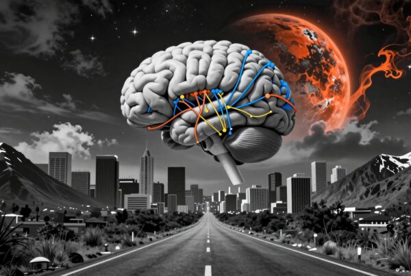 A futuristic cityscape features a hovering brain above a greyscale skyline with a fiery planet in the sky.