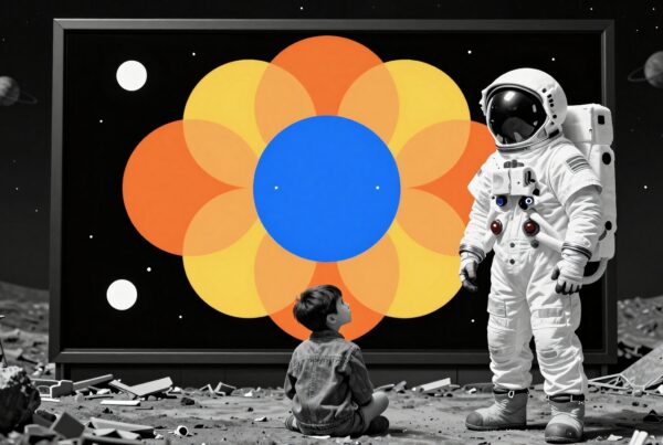 A child on the moon looks at an astronaut next to a colorful screen.