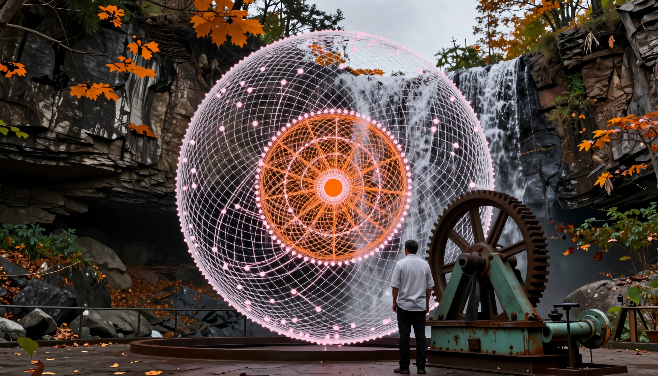 Glowing Geometric Sphere and Waterfall