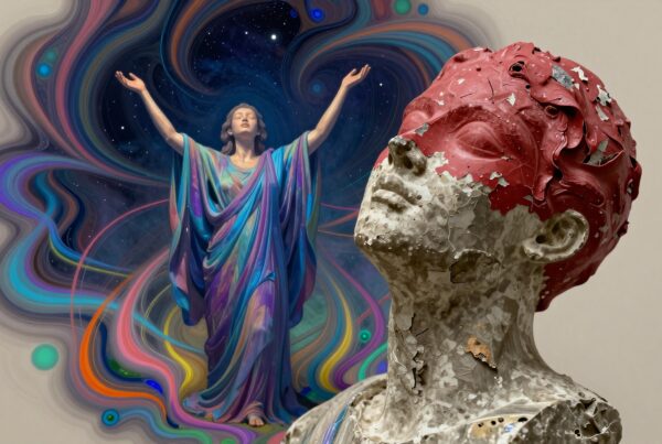 Surreal artwork depicting classical bust with mystical figure and cosmic background.
