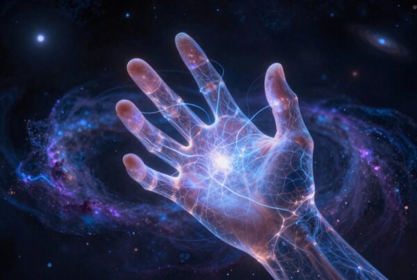 A glowing translucent hand with neural patterns against a cosmic background of stars and nebulae.