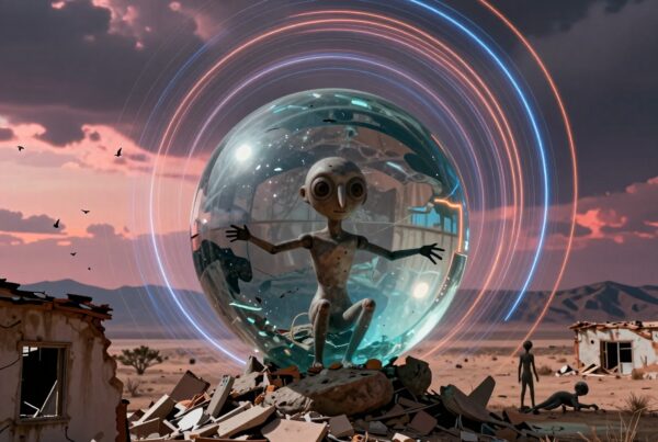 An alien in a glass sphere amidst a desert wasteland with scattered ruins.