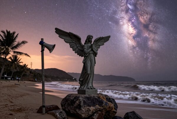 A statue of an angel on a beach under a starry sky with the Milky Way.