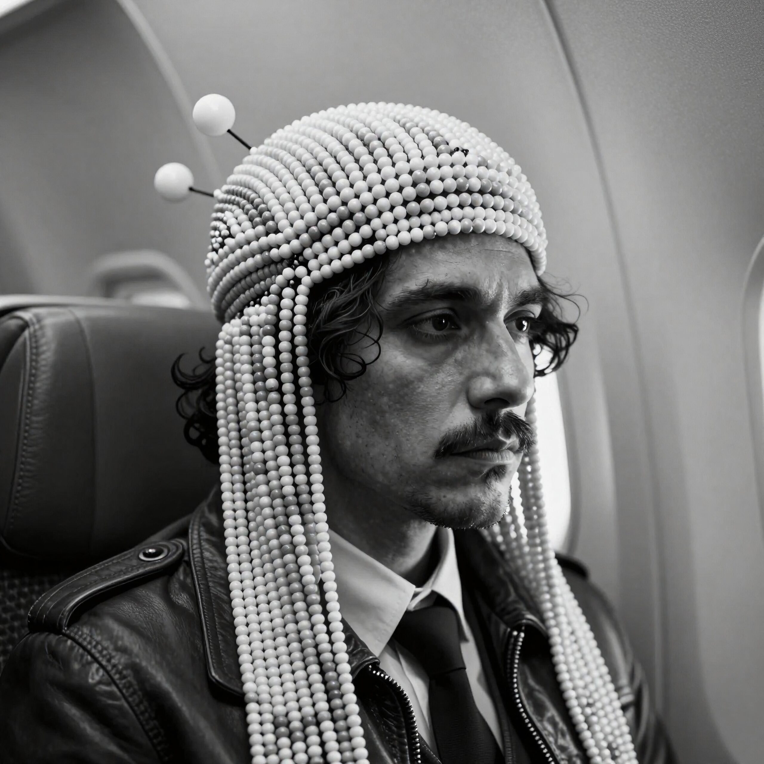 Beaded Headdress in Airplane Cabin