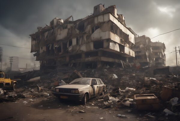Image of a shattered urban landscape showing a destroyed building and a debris-covered car, illustrating severe devastation in a city setting.