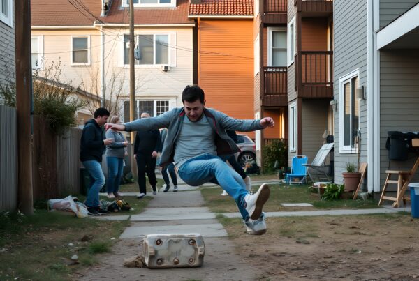 Young man energetically jumps over obstacle on a residential alley pathway, with people observing in the background.