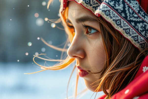 A young girl in a red traditional scarf gazes intently, surrounded by soft bokeh lights against a blurred background.