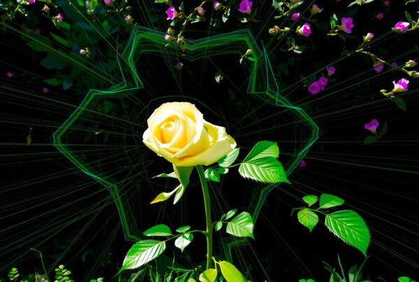 A vibrant yellow rose amidst glowing geometric lines and contrasting pink flowers, symbolizing the fusion of nature and technology.