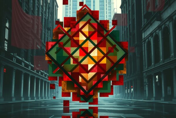 A vibrant geometric pattern contrasts with classic urban architecture.