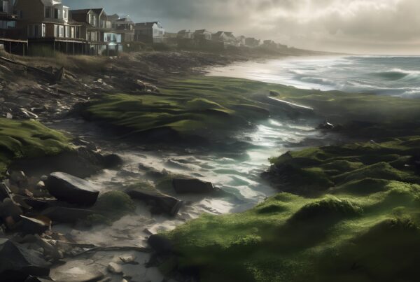 Serene coastal landscape with houses, rocks, and moss under dramatic skies.