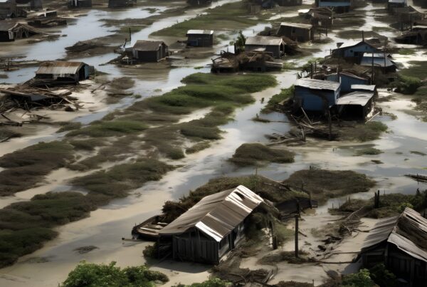 Image of a flooded coastal village with submerged houses and scattered debris.