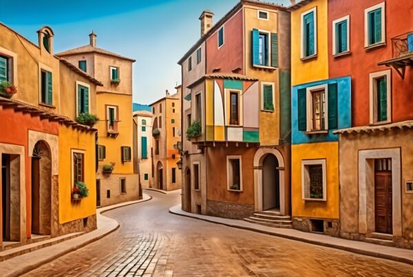 Vibrant European street with colorful buildings, cobblestone path, and shutters.