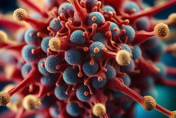 A highly detailed close-up illustration of a colorful virus with red spikes and blue cores.