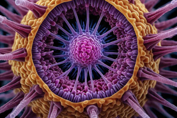 A close up digital illustration of a virus mutation.