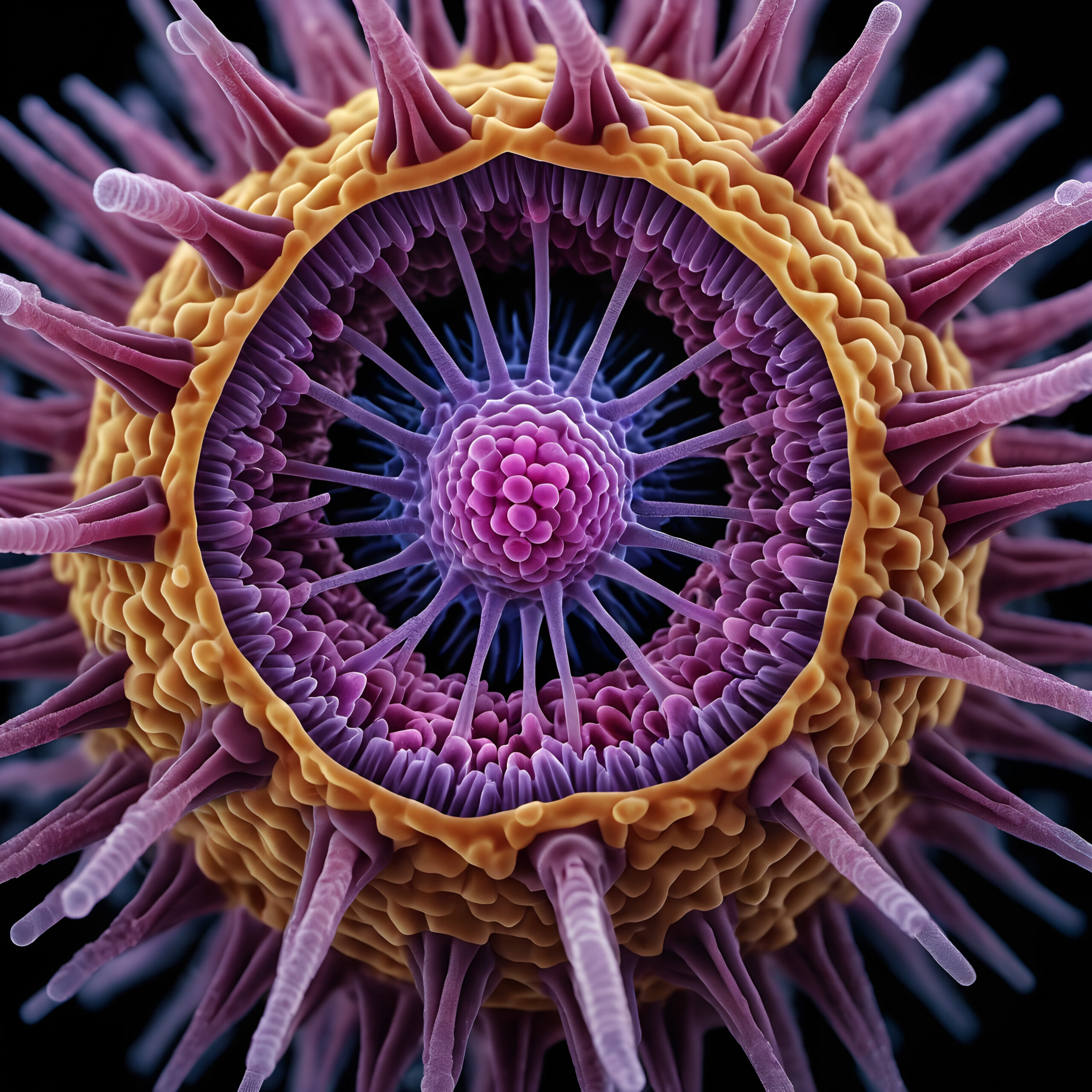 A close up digital illustration of a virus mutation