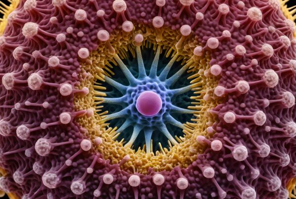 Intricate microscopic structure with colorful radial design.