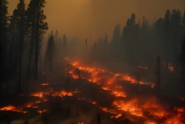 A devastating forest fire spreads rapidly, large flames consuming vast wilderness, silhouetted trees stand amidst the smoke-filled sky.