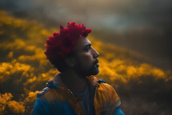 A man with bright red hair stands in a field of yellow flowers at sunrise, creating an ethereal and vibrant scene.