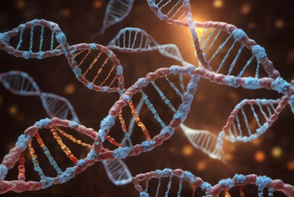 Detailed 3D depiction of DNA helixes with intricate textures and vibrant colors, illustrating the complexity of genetic information within a warm, softly lit background.