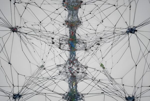 Complex network of interwoven lines on white.