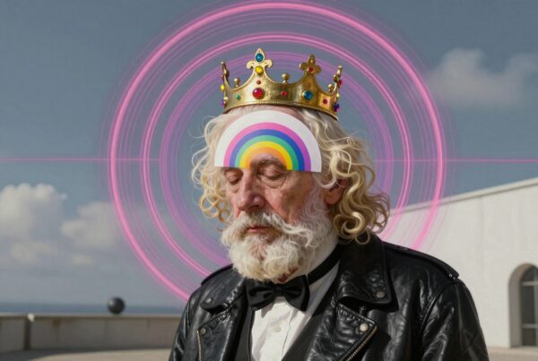 Elderly man with crown, rainbow forehead, pink circles, surreal art.