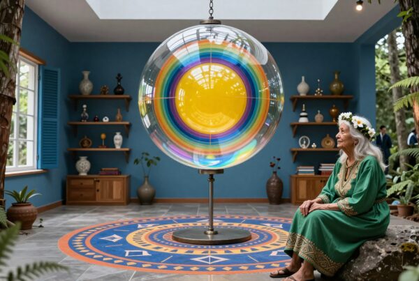 Elderly woman seated, room with colorful sphere and natural decor.