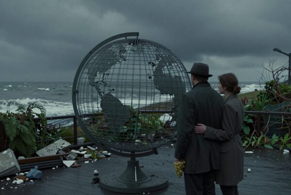 Couple on a stormy deck by globe sculpture.