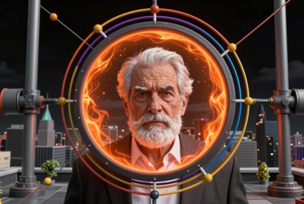 An elderly man framed by fire in a futuristic cityscape.