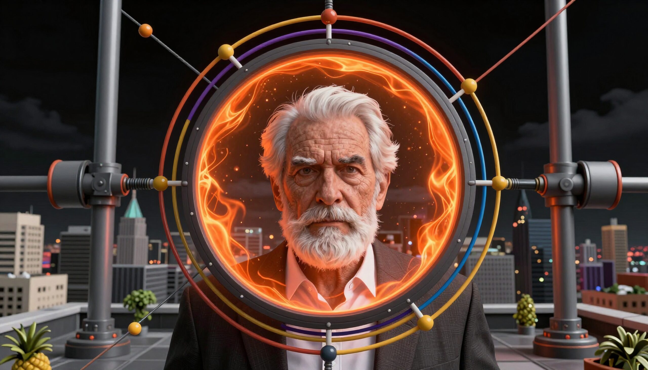 Mysterious Elder in Futuristic City