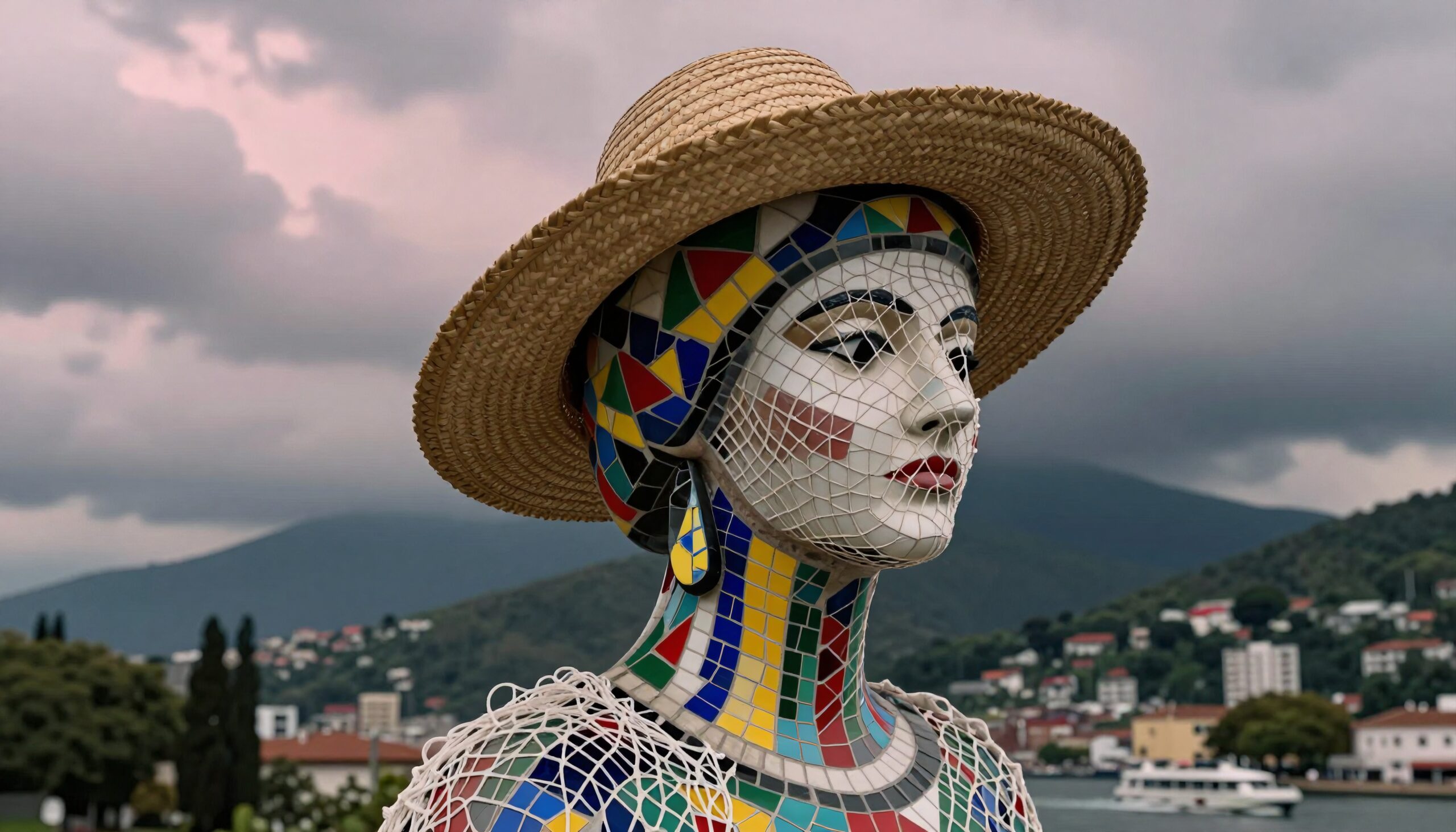 Colorful Mosaic Statue with Hat