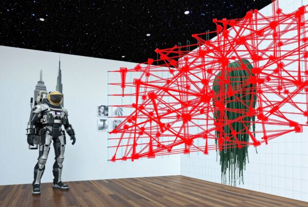 Futuristic astronaut exhibition in modern art gallery featuring red geometric structure and starry night sky.