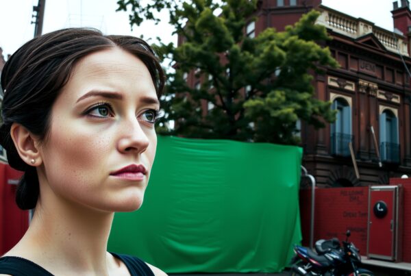 Woman in urban setting with historical building and green screen backdrop.