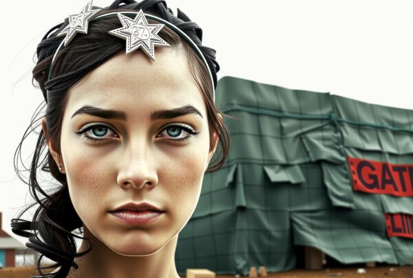 Close-up portrait of a young woman with stars in hair, set against a backdrop of a construction site with tarp and sign.