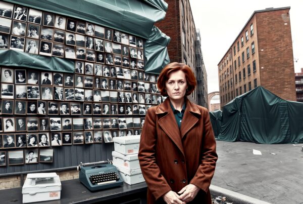 A woman in a coat stands in an alley with a wall of photo portraits, conveying nostalgia.