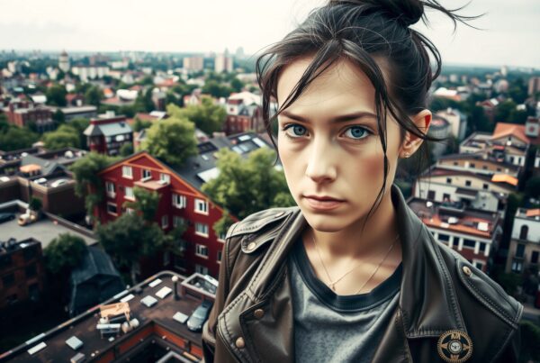 A young woman with blue eyes stands on a rooftop, staring intensely into the camera, with a cityscape in the background.