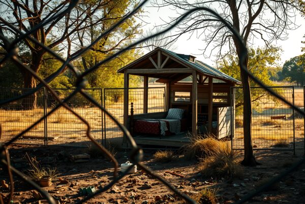 A rustic wooden shelter inside a fenced area, bathed in warm sunlight, offers a serene and isolated setting amidst tall trees and scattered debris.