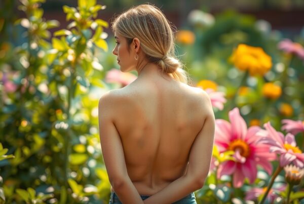 A woman stands amidst vibrant flowers in a sunlit garden.