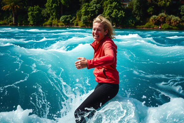 A woman joyfully surfing large waves against a lush green backdrop, wearing a red jacket, in vibrant turquoise water.