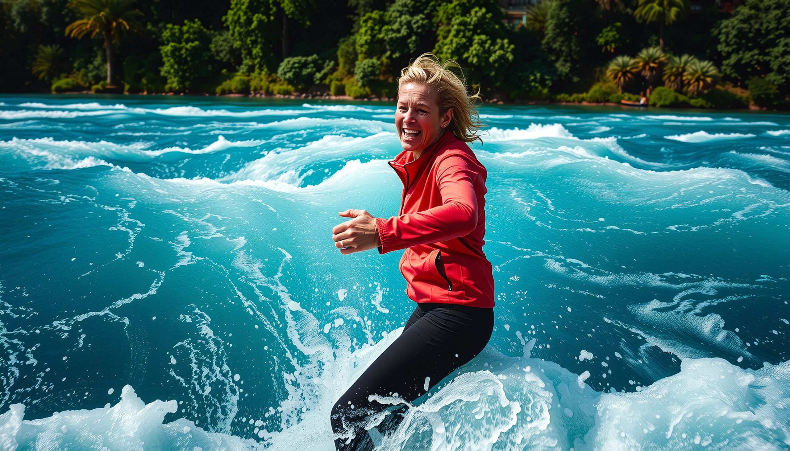 Joyful Woman Surfing Vibrant Waves