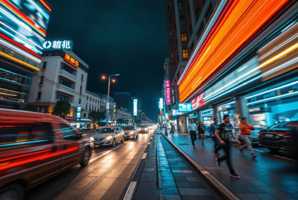 Vibrant urban street scene with neon lights and moving traffic at night.