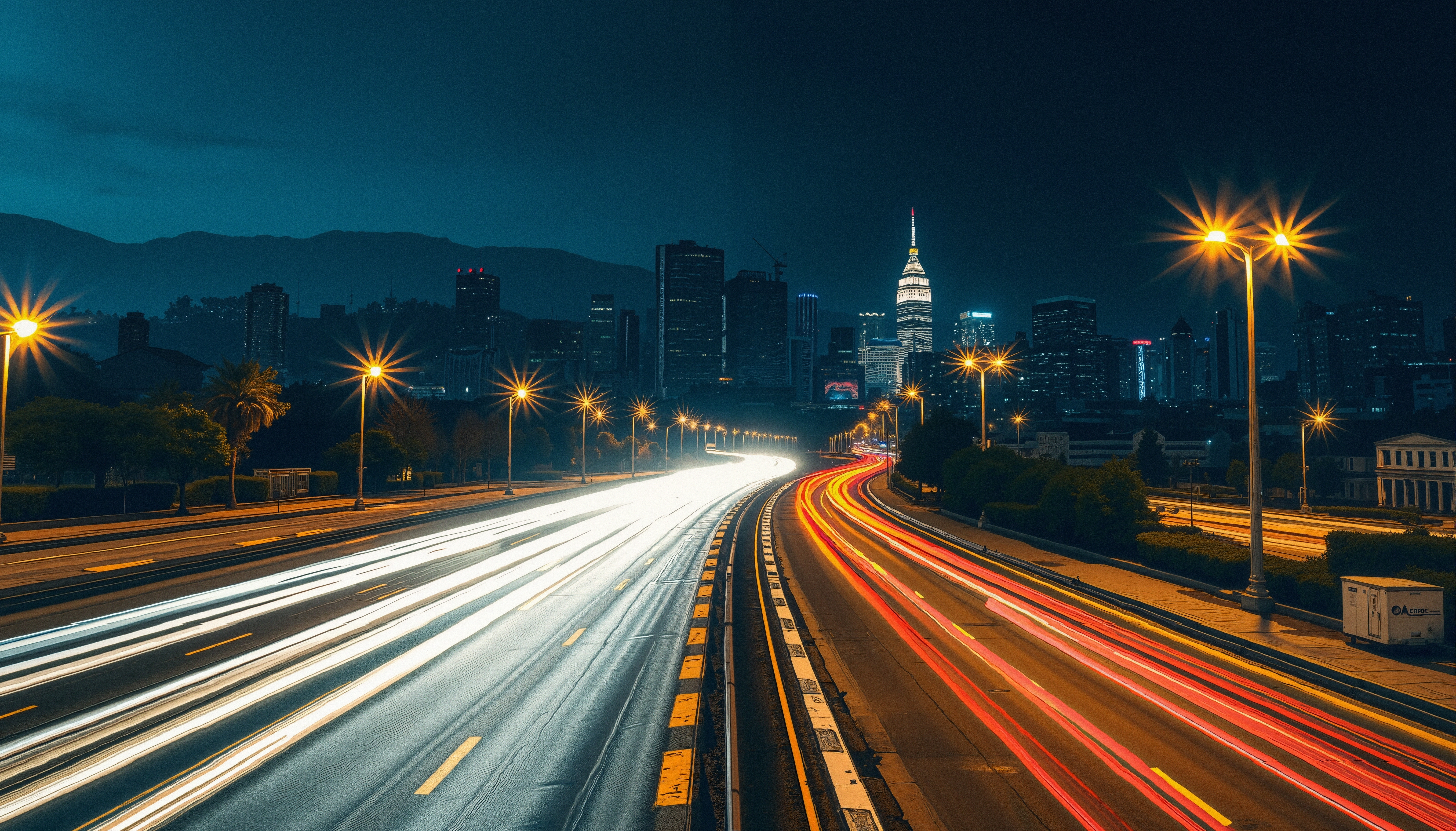 Nighttime Cityscape with Busy Highway