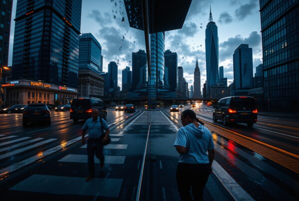 A bustling city street at dusk with reflections of skyscrapers and people crossing the road, highlighted by evening lights and raindrops.