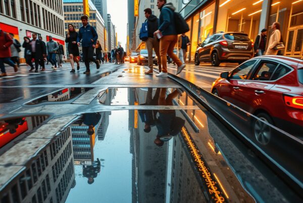Urban street scene with pedestrians and cars reflecting on wet pavement in a vibrant city atmosphere.