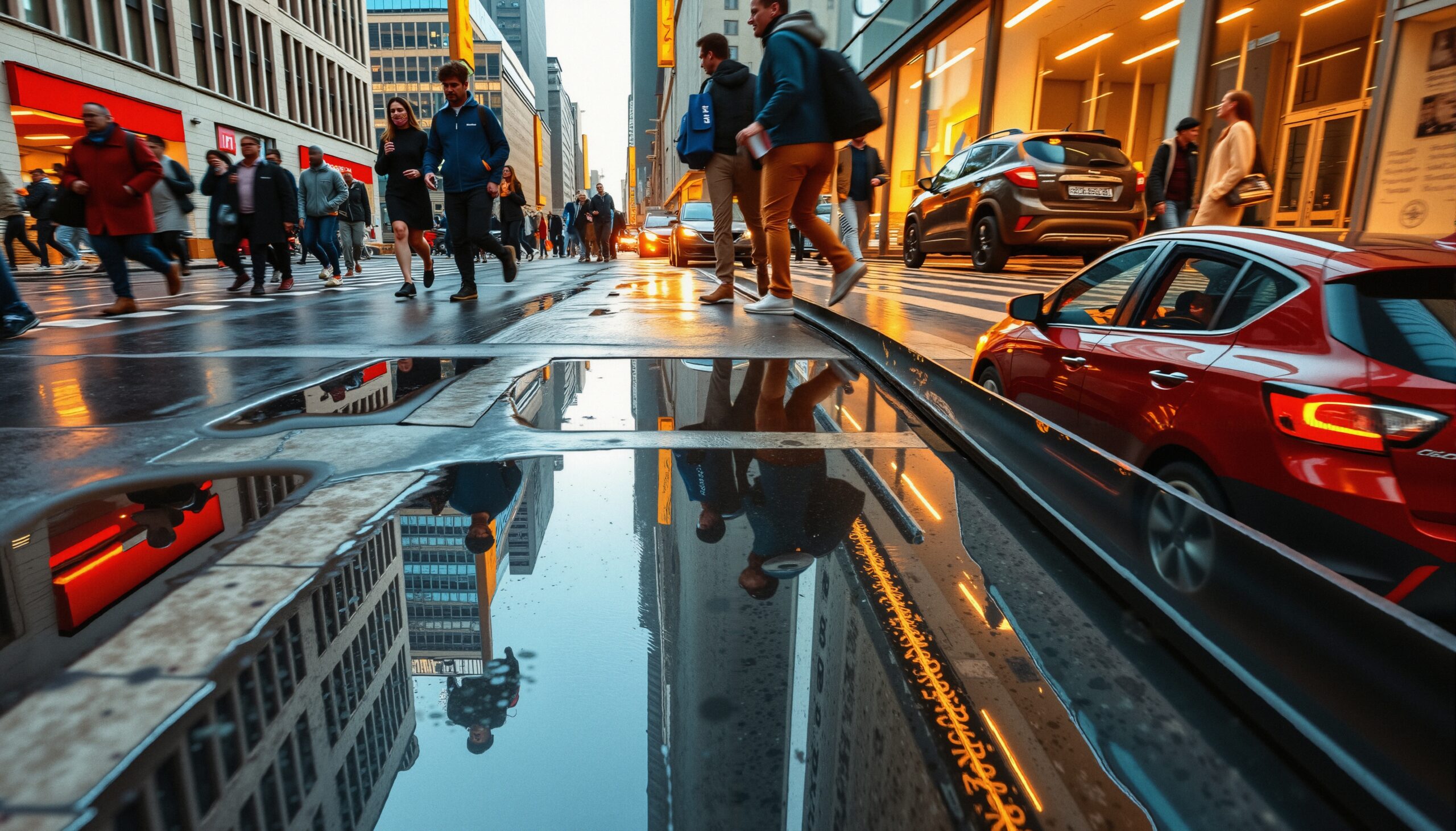 City Life Reflected in Puddles