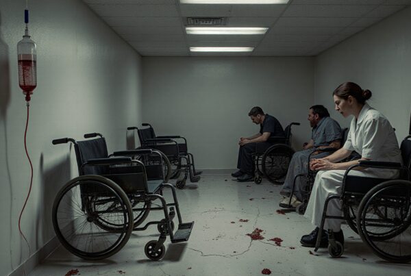 A dimly lit clinical hallway with three individuals in wheelchairs, scattered blood on the floor, and an IV drip creating a tense, urgent atmosphere.