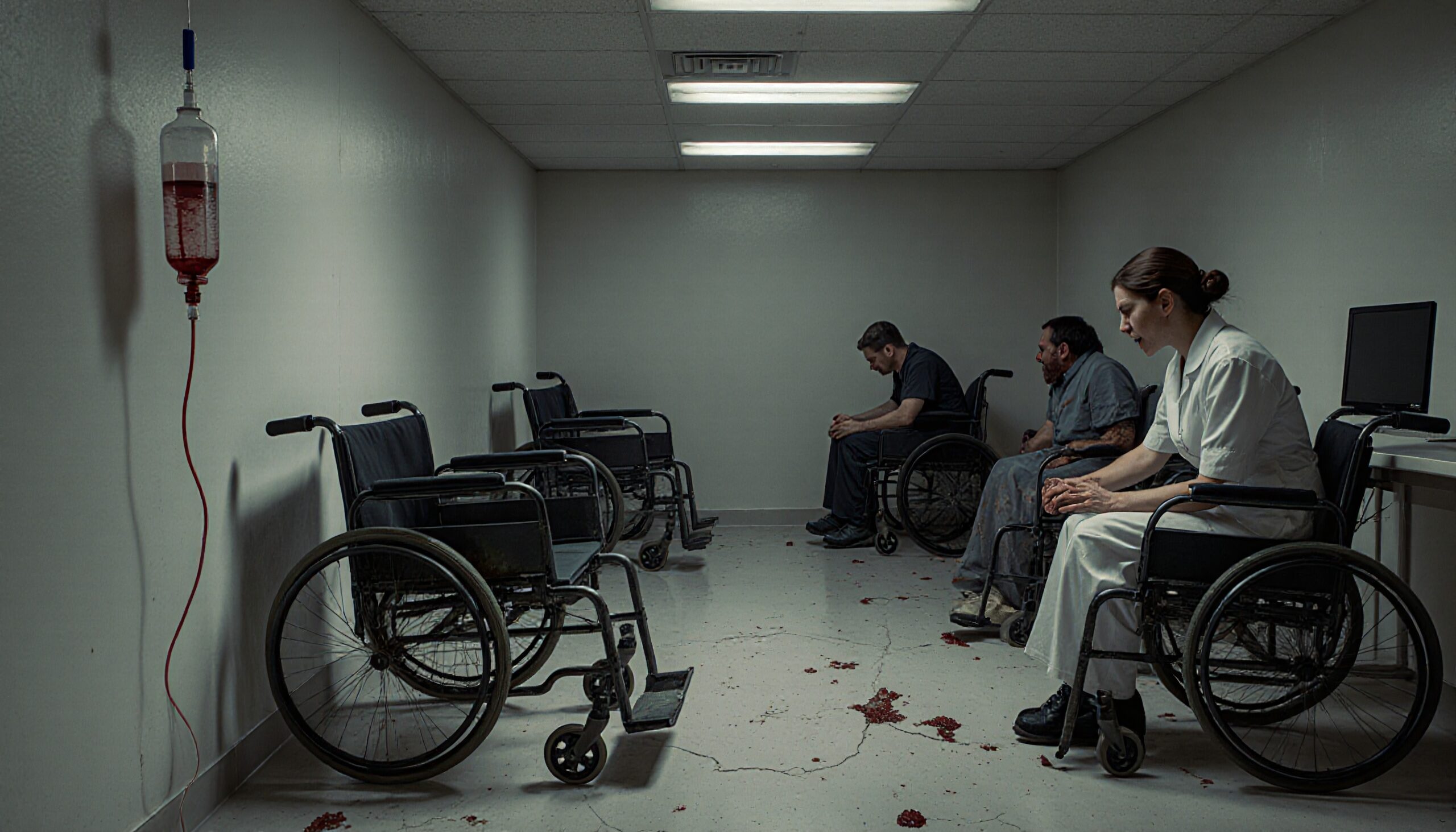 Haunting scene in clinical hallway